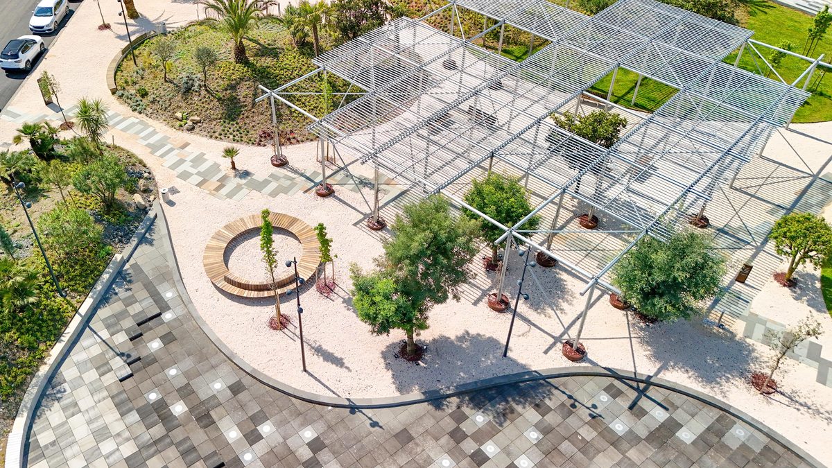 Aerial view of a designed park